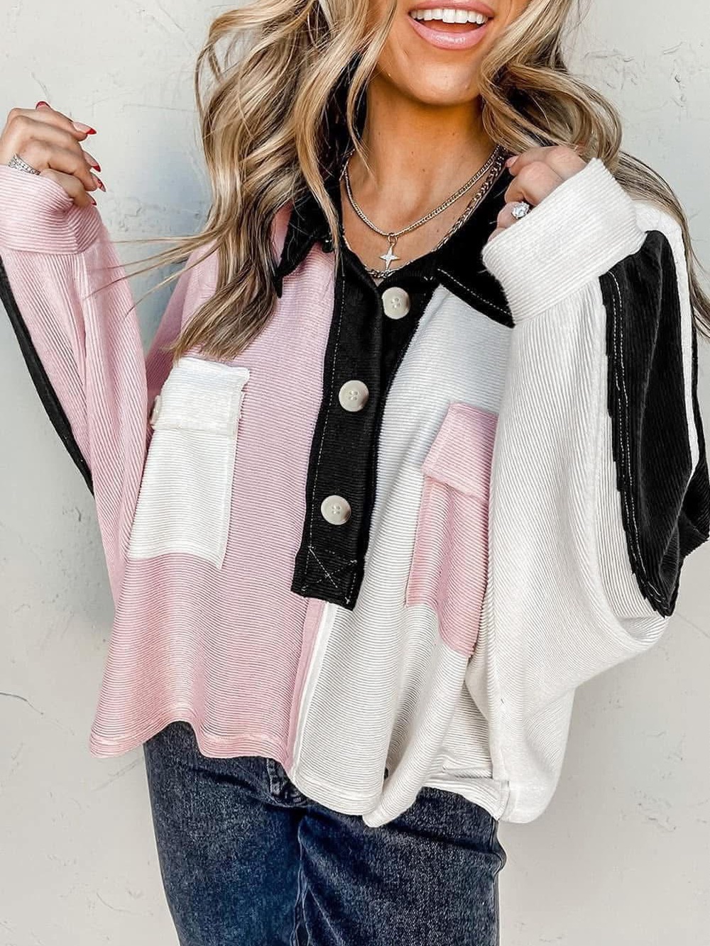Colorblock Button-Up Women’s Sweater - Pink, White & Black